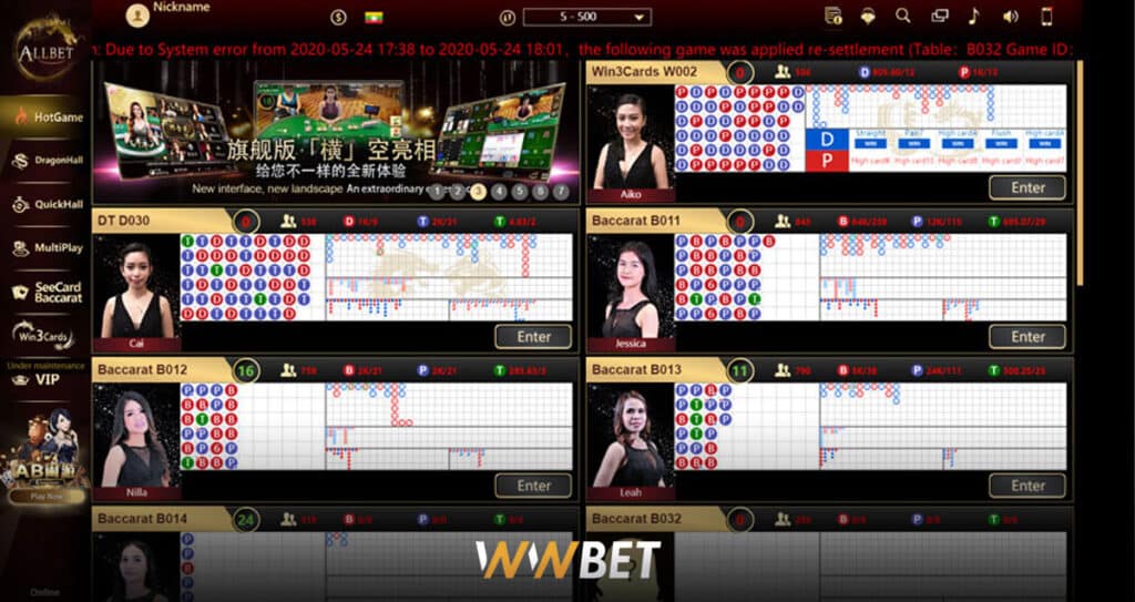 live casino table selection
